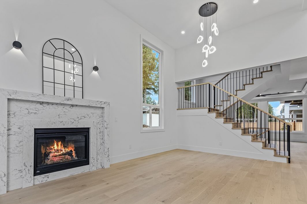 Marble Fireplace & Chandelier